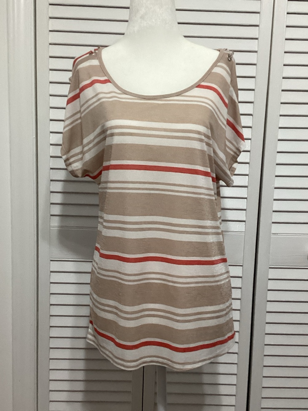 Lavish Beige, Cream & Red Striped Scoop Neck Top